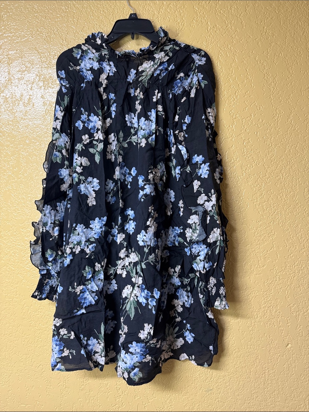 H&M Black Mini Dress with Blue & White Floral Print